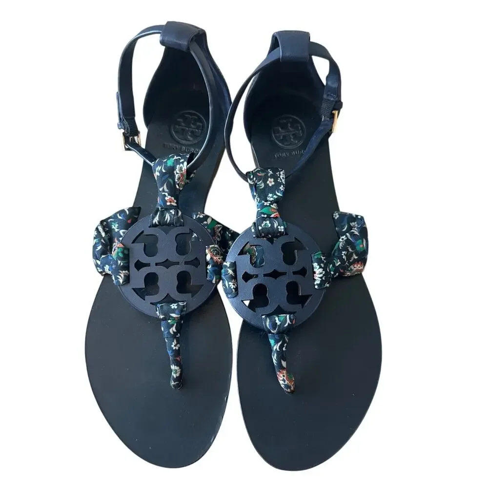 Tory Burch‎ Miller Scarf Sandals Navy Floral Ankle Strap 8